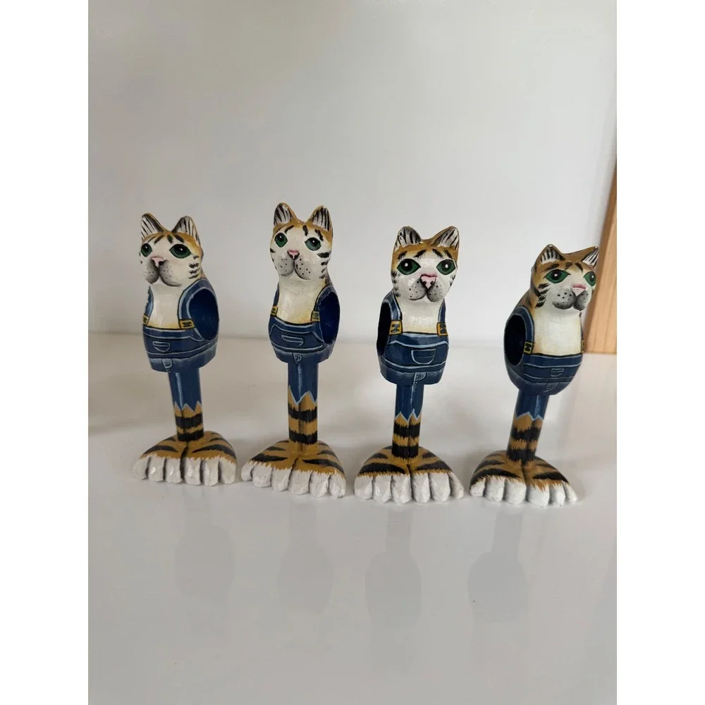 Vintage Hand Painted Wooden Cat Napkin Rings Set of 8 Tabby Overalls Folk Art